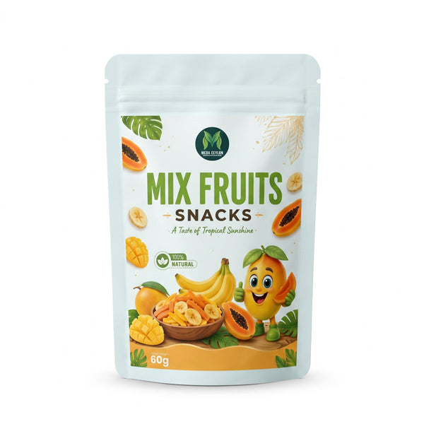 Meda Ceylon Mixed Fruit Snacks 60g resealable pouch with dried mango, papaya, and banana pieces
